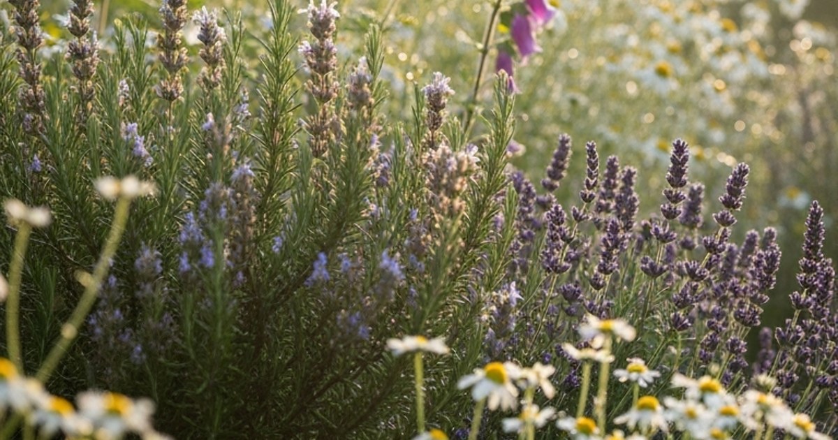 A herb garden in golden light — rosemary, lavender and chamomile